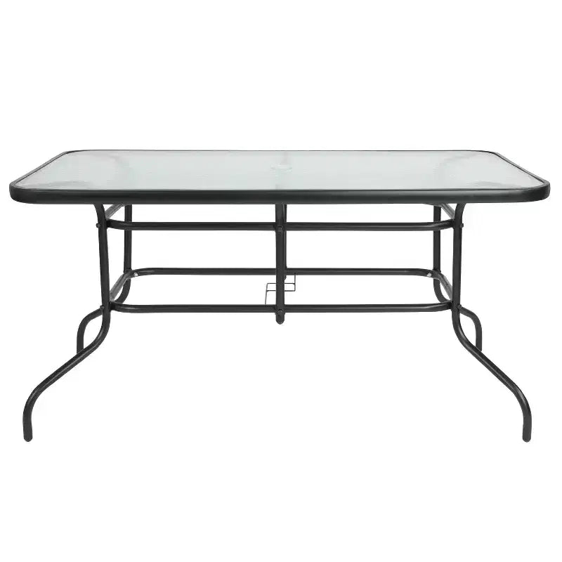 Ensemble table et chaises de terrasse Emma et Oliver 7 pièces avec table rectangulaire en métal 80x140 cm avec plateau en verre trempé et 6 chaises empilables noires en aluminium
