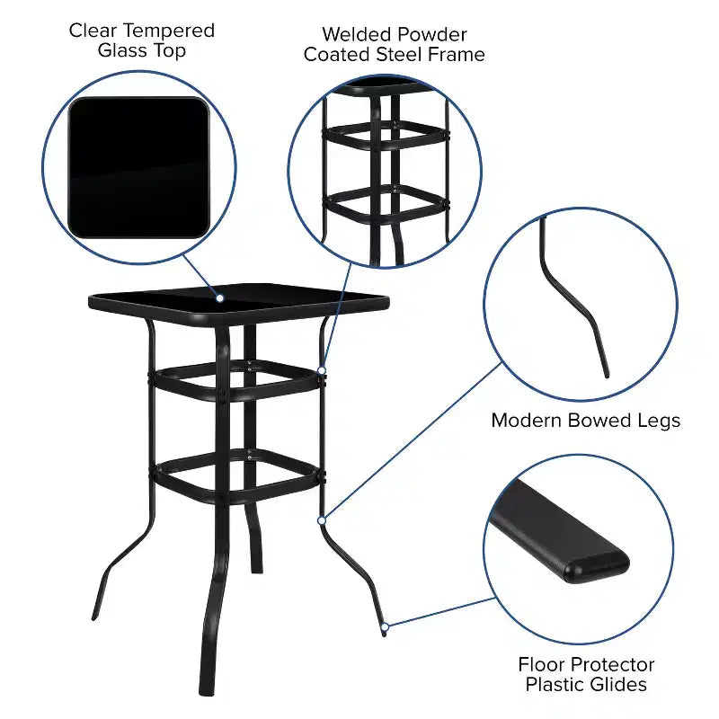 Emma and Oliver 3 Piece Outdoor Bar Height Set-Glass Patio Bar Table-All-Weather Barstools
