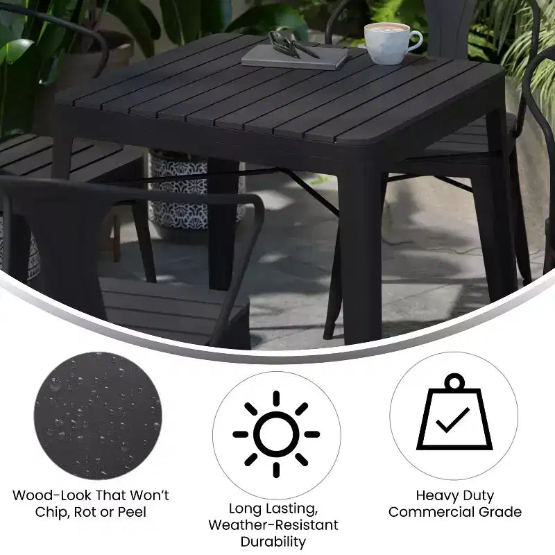 Flash Furniture All-Weather Resin Top Square Table & 4 Metal Chairs with Poly Resin Seats-Black