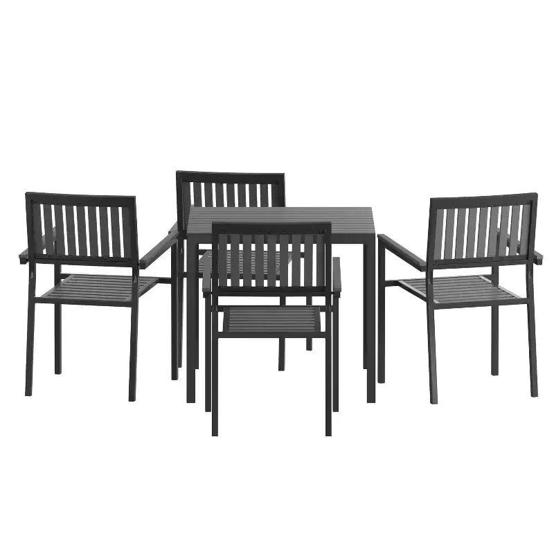 Flash Furniture Harris 5 Piece Commercial Indoor/Outdoor Table and Chairs with Black Poly Resin Slatted Backs and Seats