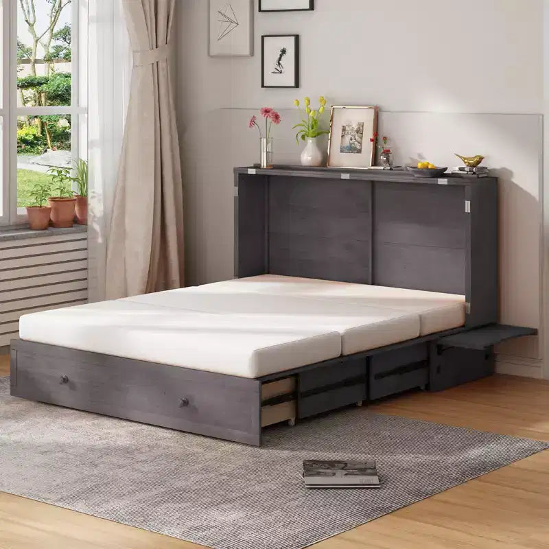 Mjkone Murphy Bed Queen,Cube Cabinet Chest Bed with Charging Station&Storage Space