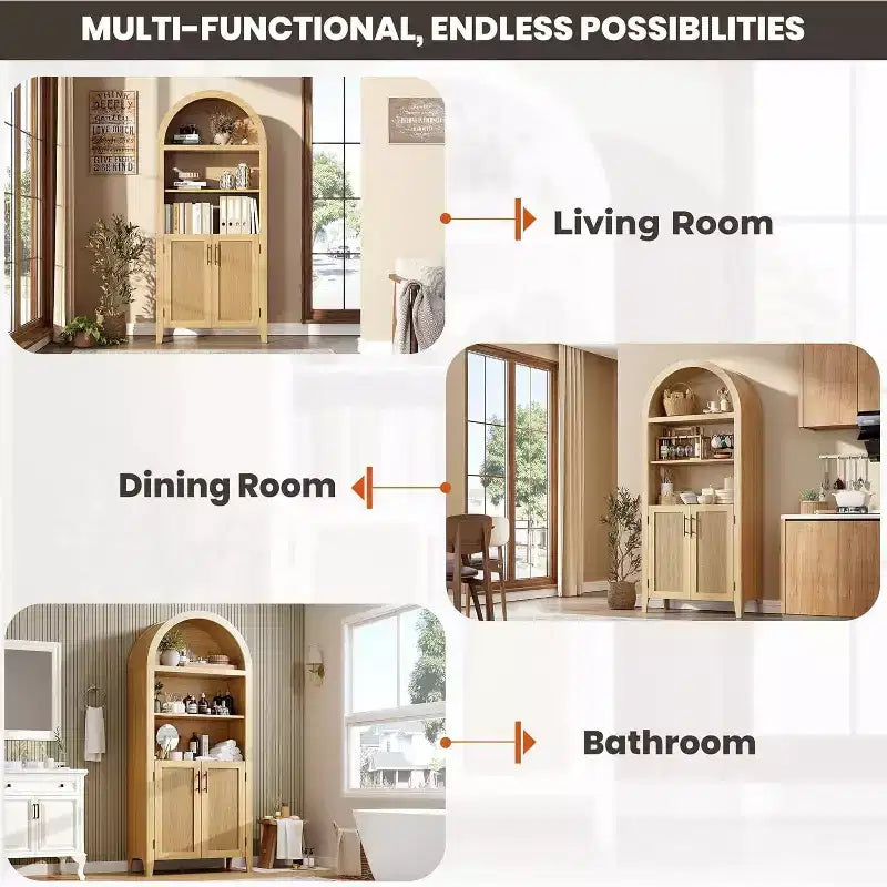 Acekool Arched Pantry Cabinet with Rattan Doors, 5-Tier Farmhouse Storage Cabinet for Kitchen Dining Living Room