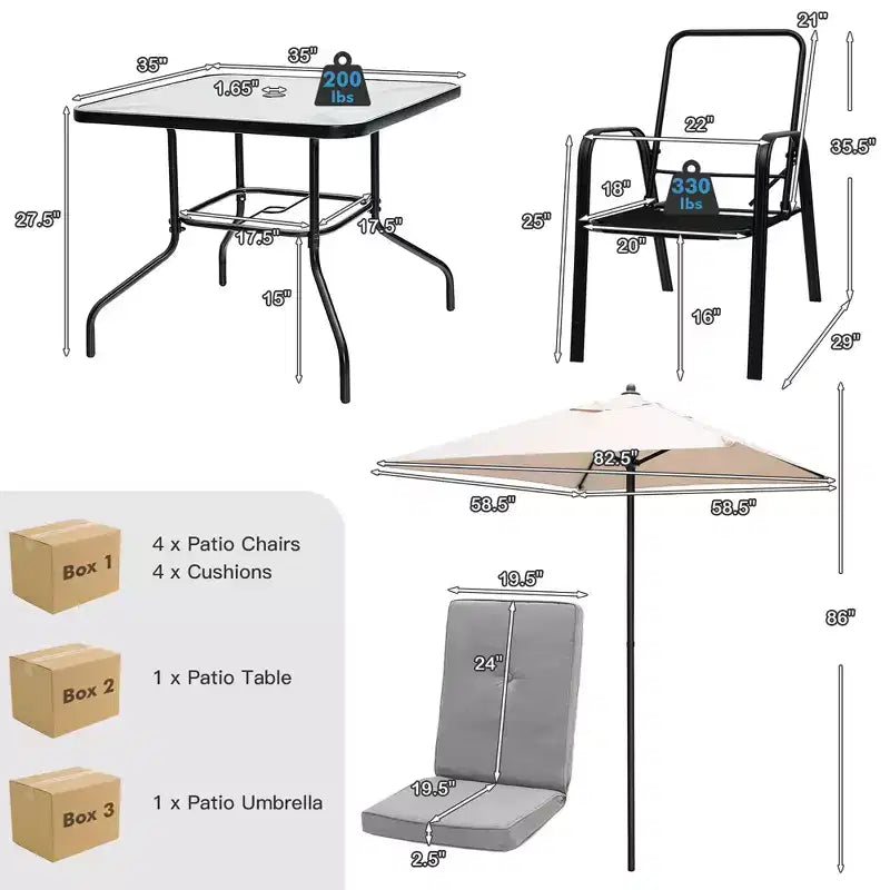 Costway 6PCS Patio Dining Set Stackable Chairs Cushioned Glass Table W/Umbrella