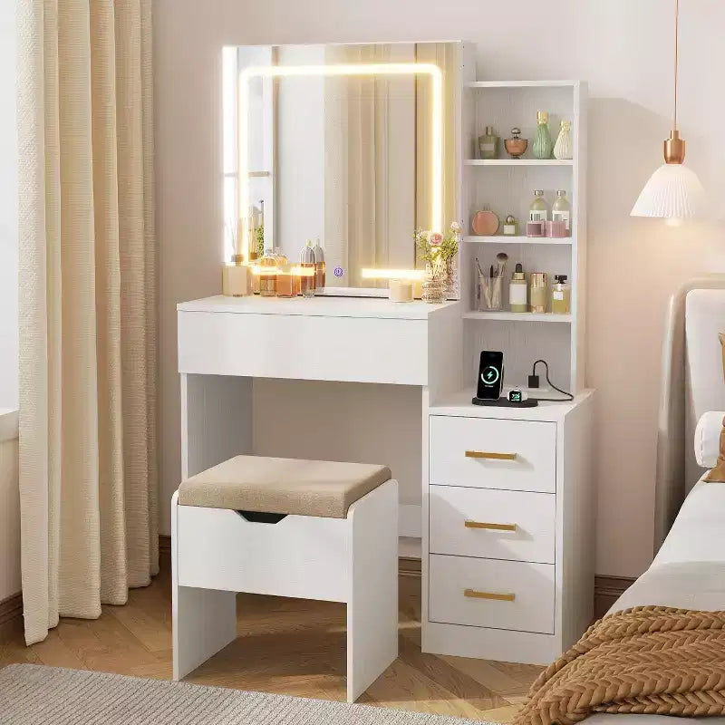 DobleePy Modern Vanity Desk with Sliding Mirror & LED Lights, 4 Drawers, 7 Shelves, Charging Station & Stool, Makeup Dressing Table for Bedroom