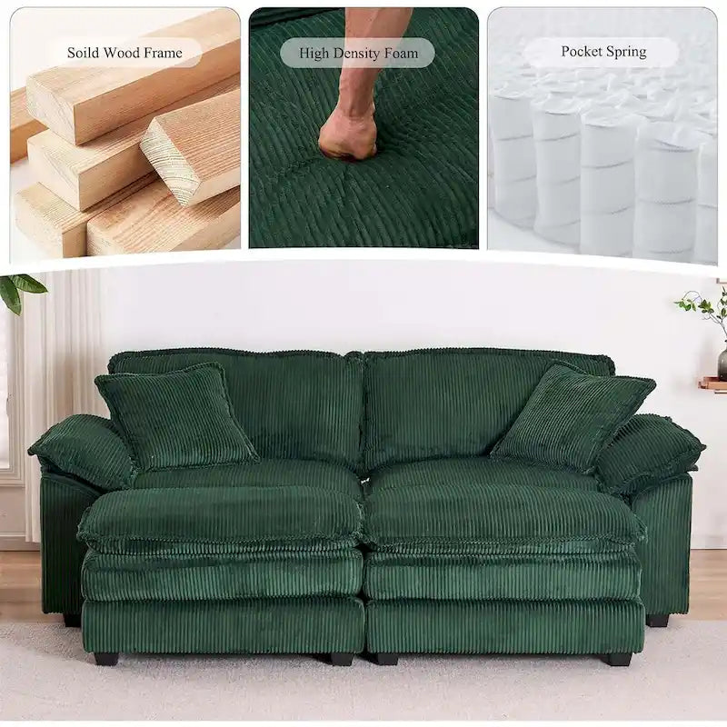 Canapé 2 places moderne en velours côtelé avec 4 coussins de soutien et 2 poufs