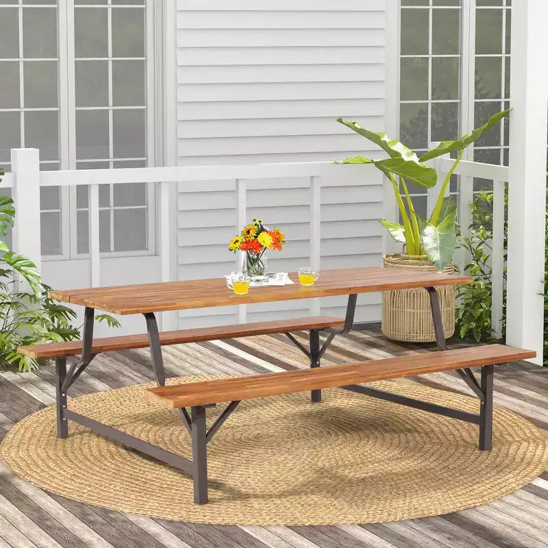 Costway Acacia Wood Patio Picnic Table Bench Set with 71'' Tabletop  2'' Umbrella Hole
