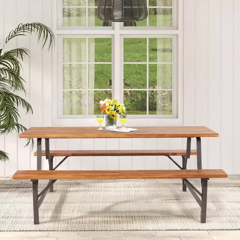 Costway Acacia Wood Patio Picnic Table Bench Set with 71'' Tabletop  2'' Umbrella Hole