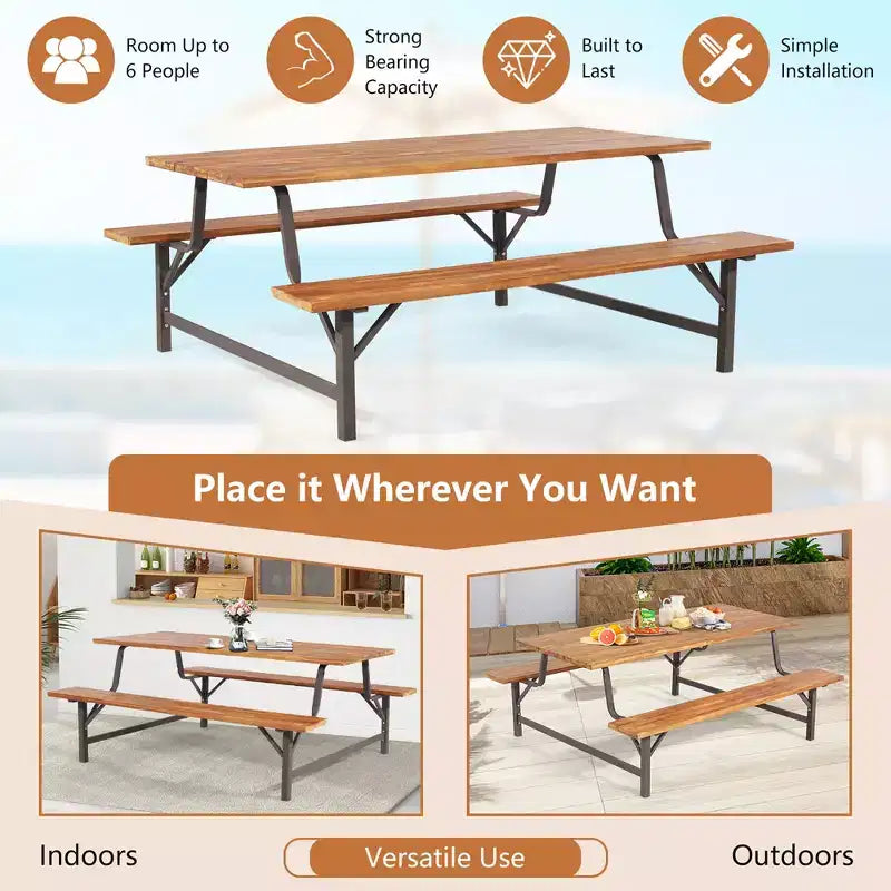 Costway Acacia Wood Patio Picnic Table Bench Set with 71'' Tabletop  2'' Umbrella Hole