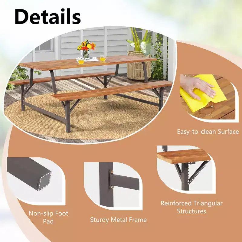 Costway Acacia Wood Patio Picnic Table Bench Set with 71'' Tabletop  2'' Umbrella Hole