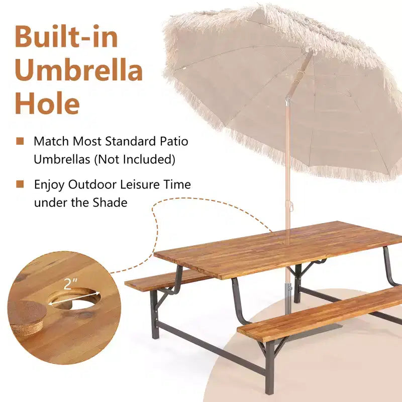 Costway Acacia Wood Patio Picnic Table Bench Set with 71'' Tabletop  2'' Umbrella Hole