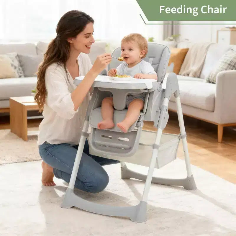 Foldable High Chair for Babies&Toddlers,PU Leather Highchair with Adjustable Backrest,Seat Height,Removable Tray,5-Point Safety Harness&Locking Wheels