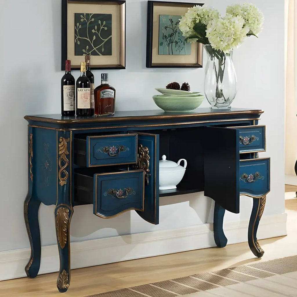 French Coffee Wood Storage Console Table with Drawers