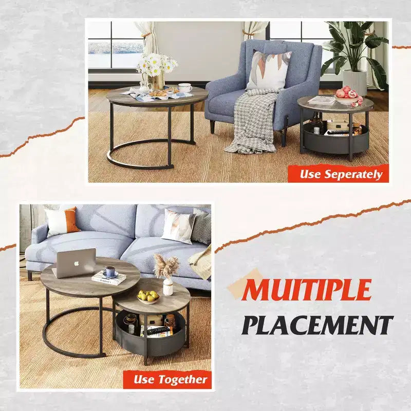 GALAXHERO Set of 2 Nesting Round Coffee Tables - 31.5 Center Tables with Storage & Metal Frame for Living Room/Apartment