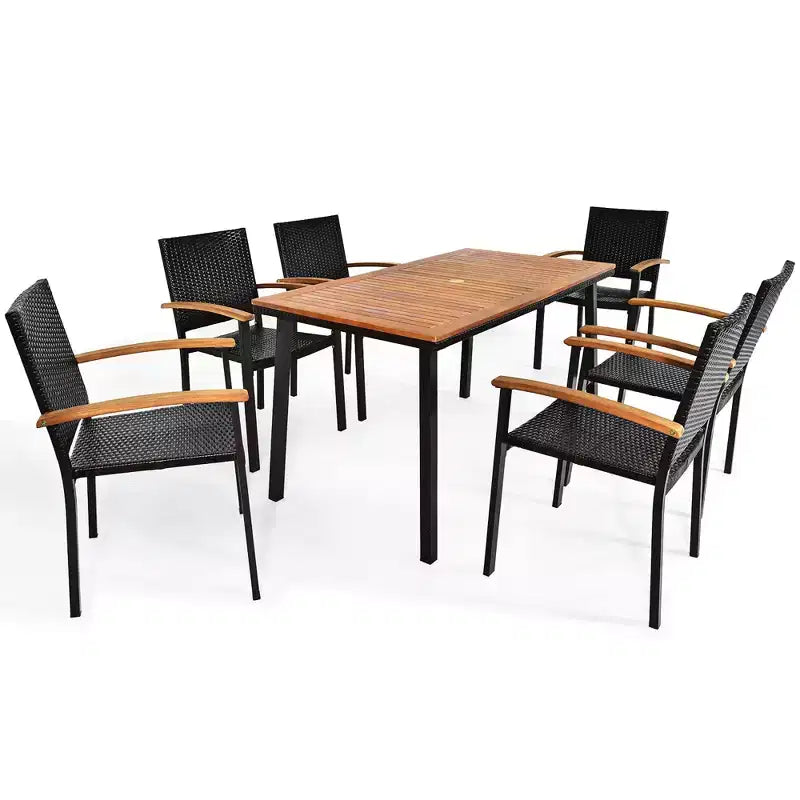 Costway Ensemble de salle à manger en rotin 7 pièces avec plateau de table en bois d'acacia et chaises empilables