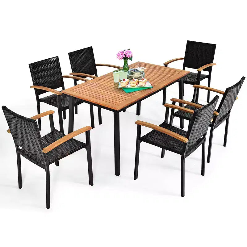 Costway Ensemble de salle à manger en rotin 7 pièces avec plateau de table en bois d'acacia et chaises empilables