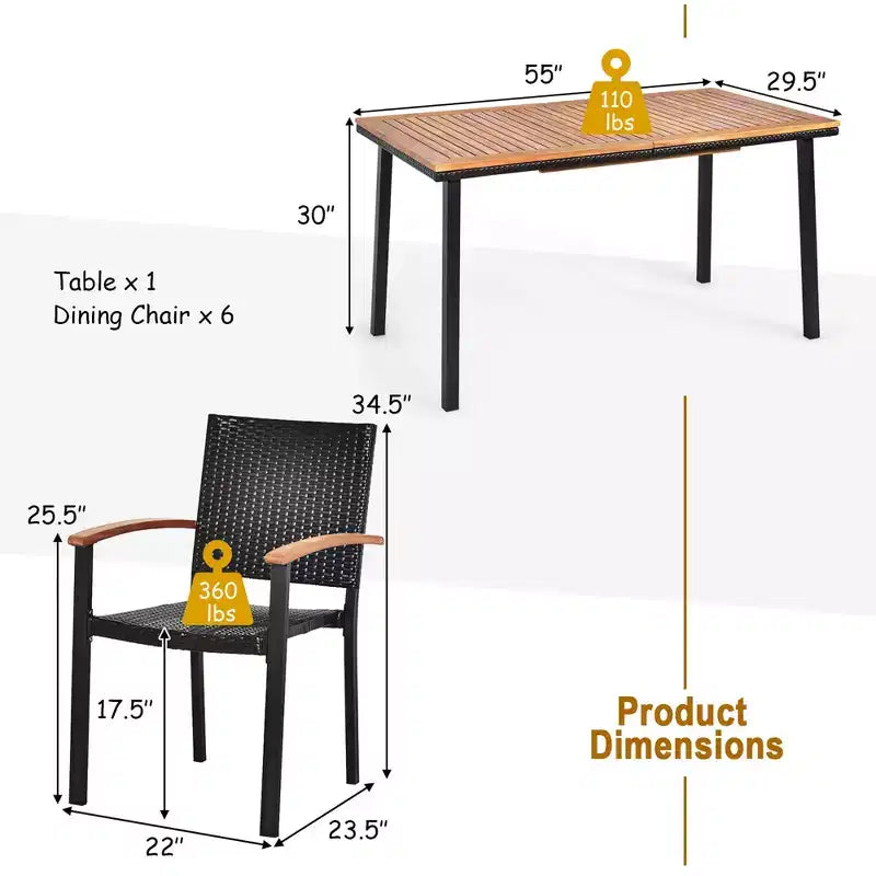 Costway Ensemble de salle à manger en rotin 7 pièces avec plateau de table en bois d'acacia et chaises empilables