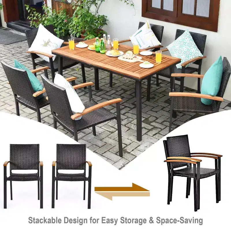 Costway Ensemble de salle à manger en rotin 7 pièces avec plateau de table en bois d'acacia et chaises empilables