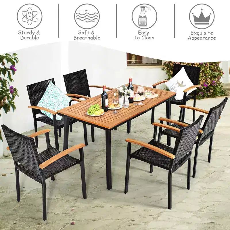 Costway Ensemble de salle à manger en rotin 7 pièces avec plateau de table en bois d'acacia et chaises empilables