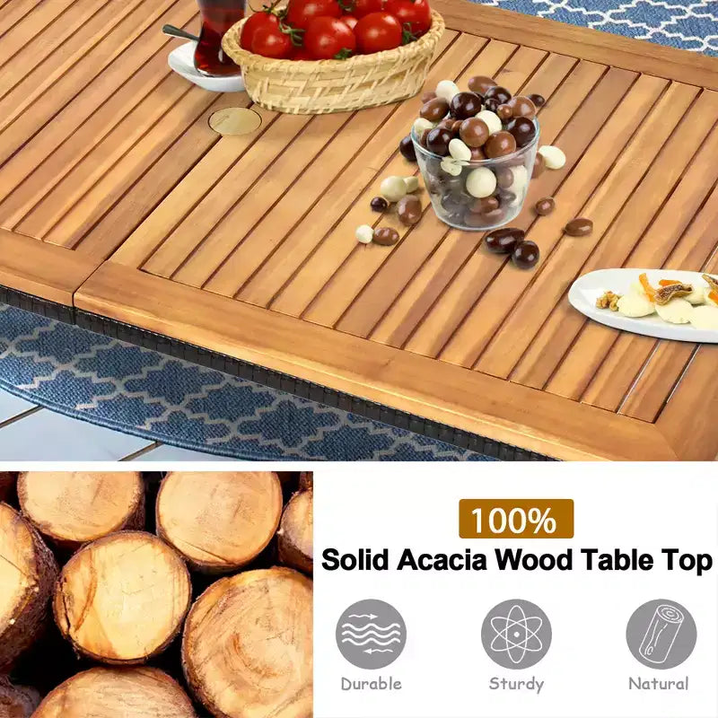 Costway Ensemble de salle à manger en rotin 7 pièces avec plateau de table en bois d'acacia et chaises empilables