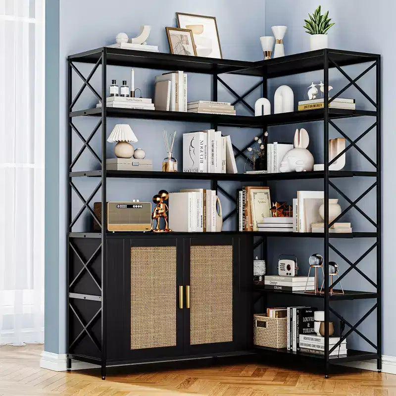 Corner Bookshelf - 6 Tier Corner Book Shelf with Storage, Farmhouse L Shaped Book-Shelf with Cabinet, Modern Industrial Bookcase for Home Office