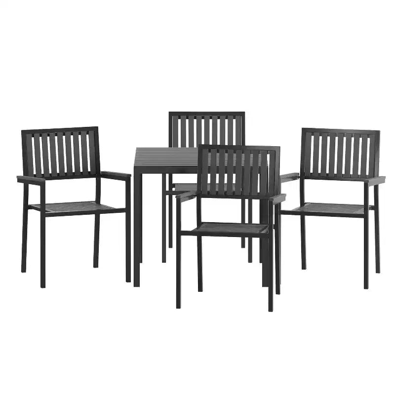 Merrick Lane 5 Piece Indoor/Outdoor Dining Set with Table and Four Chairs with Black Poly Resin Slats