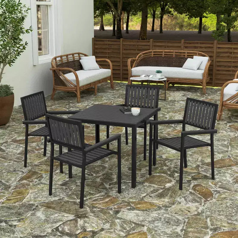 Merrick Lane 5 Piece Indoor/Outdoor Dining Set with Table and Four Chairs with Black Poly Resin Slats