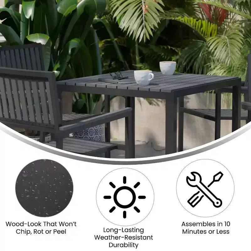 Merrick Lane 5 Piece Indoor/Outdoor Dining Set with Table and Four Chairs with Black Poly Resin Slats