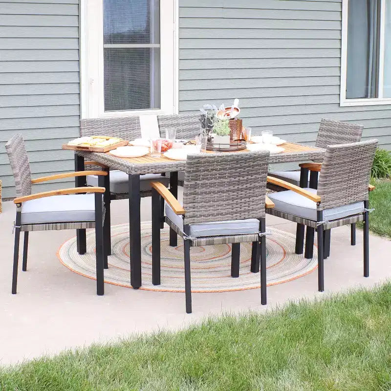 Sunnydaze Outdoor Rattan and Acacia Wood Carlow Patio Dining Set with Table, Chairs, and Seat Cushions - 7pc