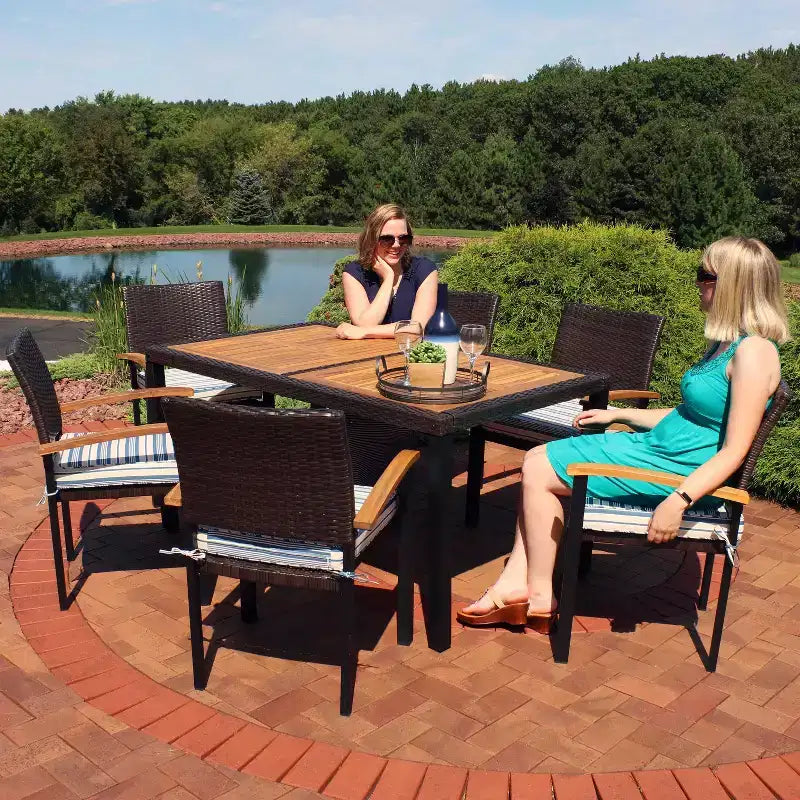 Sunnydaze Outdoor Rattan and Acacia Wood Carlow Patio Dining Set with Table, Chairs, and Seat Cushions - 7pc