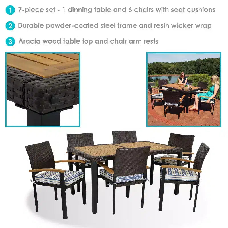 Sunnydaze Outdoor Rattan and Acacia Wood Carlow Patio Dining Set with Table, Chairs, and Seat Cushions - 7pc