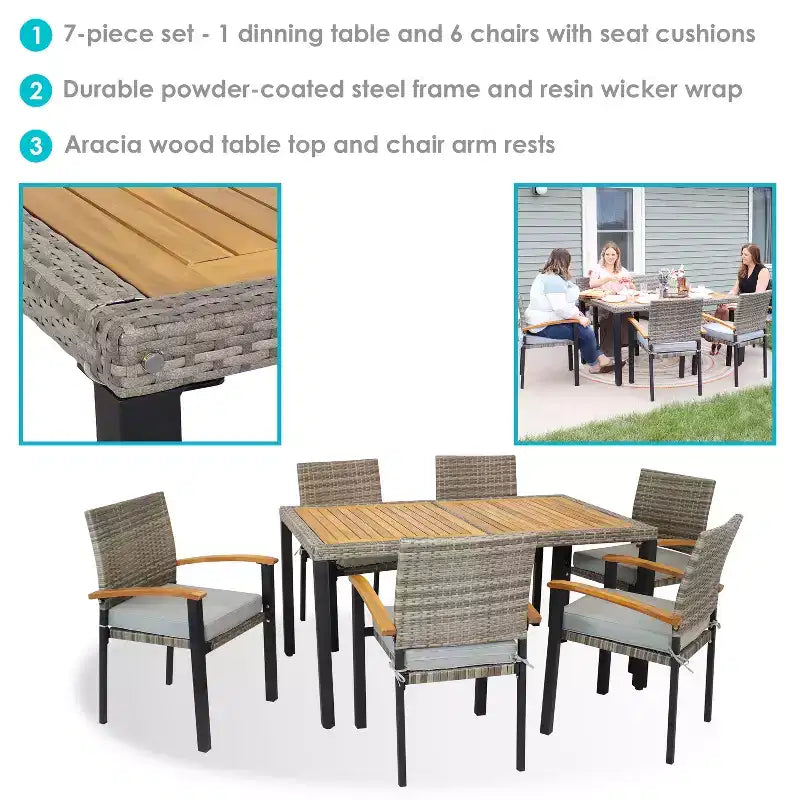 Sunnydaze Outdoor Rattan and Acacia Wood Carlow Patio Dining Set with Table, Chairs, and Seat Cushions - 7pc