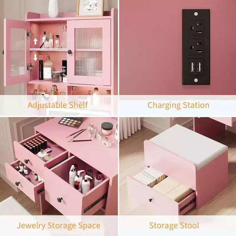 3-in-1 Makeup Vanity Desk with Lighted Mirror, Compact Vanity Table with Drawers, Storage Compartment & Rolling Stool for Bedroom