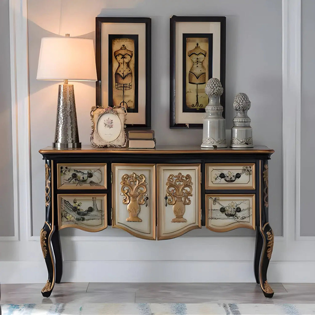 French Coffee Wood Storage Console Table with Drawers