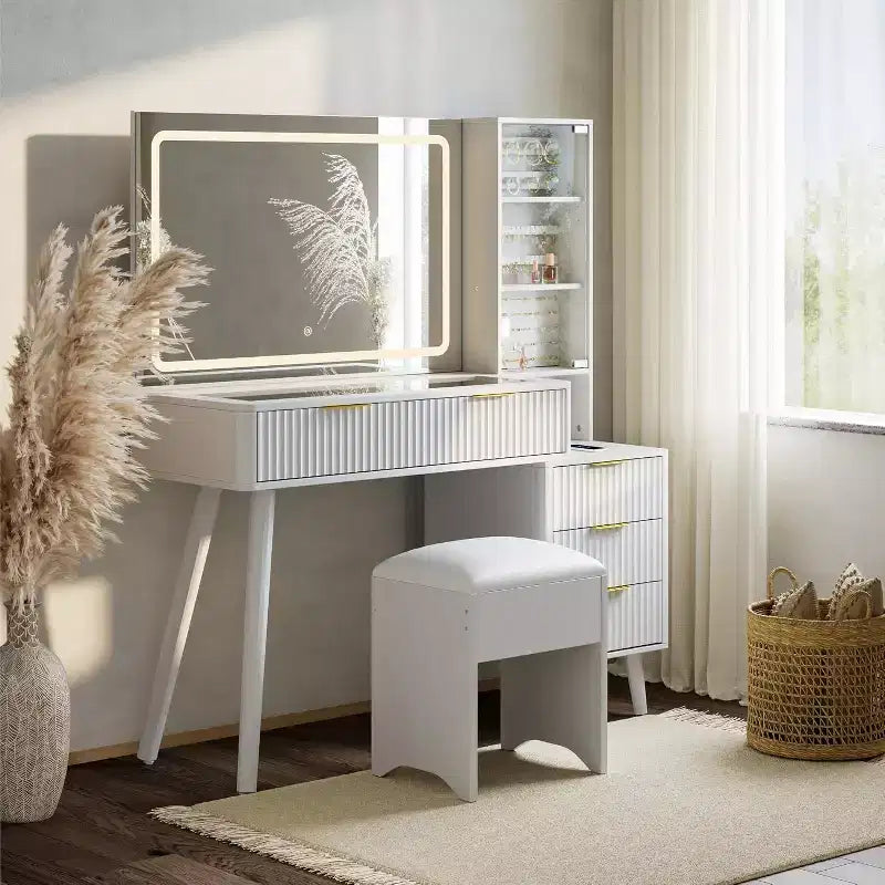 Coiffeuse cannelée de 122 cm avec miroir et lumières LED, station de charge, tabouret de rangement rembourré pour chambre à coucher
