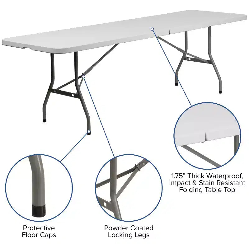 Emma and Oliver 8 Bi-Fold White Plastic Event/Training Folding Table Set w/ 10 Folding Chairs