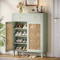 Lantine 6-Tier Modern Boho Shoe Cabinet with Doors, Drawer and Adjustable Shelf. Rattan design, mint green. Ideal for entryway, living room.