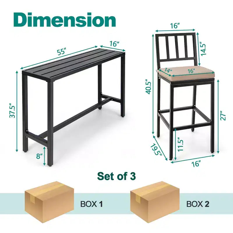 Costway Ensemble de salle à manger de patio 3 pièces Table de bar en métal et chaises avec coussin