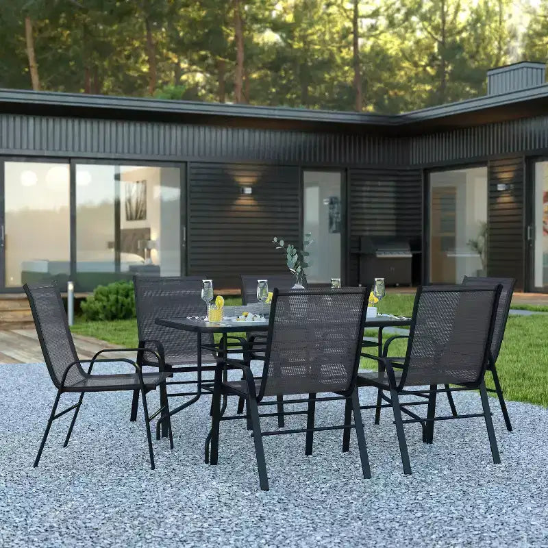 Emma and Oliver Seven Piece Patio Table Set with Metal Table with Tempered Glass Top and 6 Flex Comfort Stacking Chairs