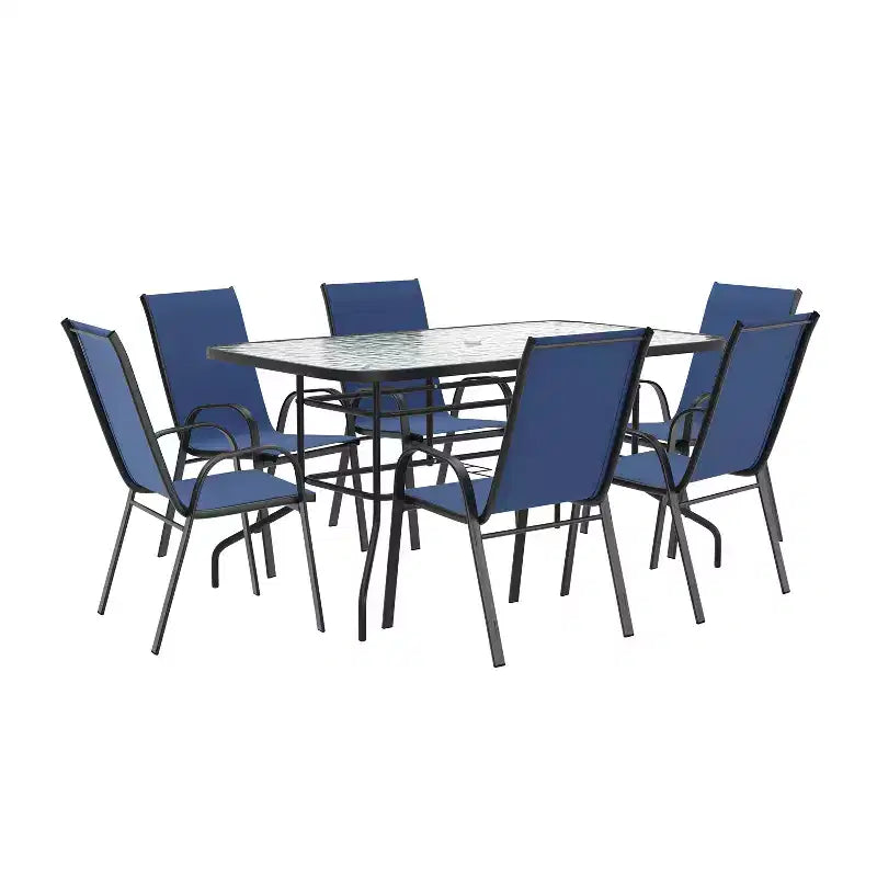Emma and Oliver Seven Piece Patio Table Set with Metal Table with Tempered Glass Top and 6 Flex Comfort Stacking Chairs