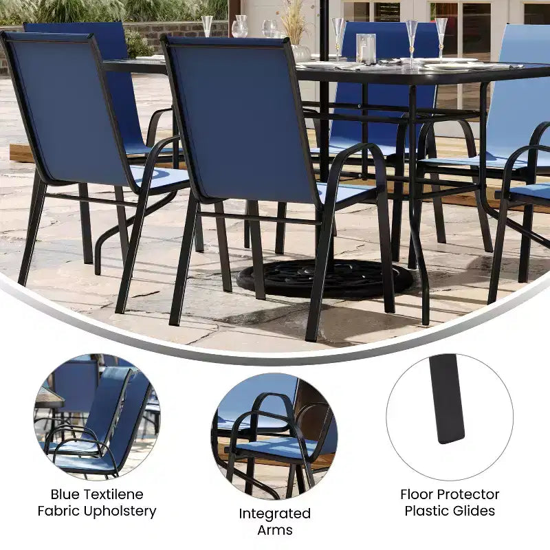 Emma and Oliver Seven Piece Patio Table Set with Metal Table with Tempered Glass Top and 6 Flex Comfort Stacking Chairs