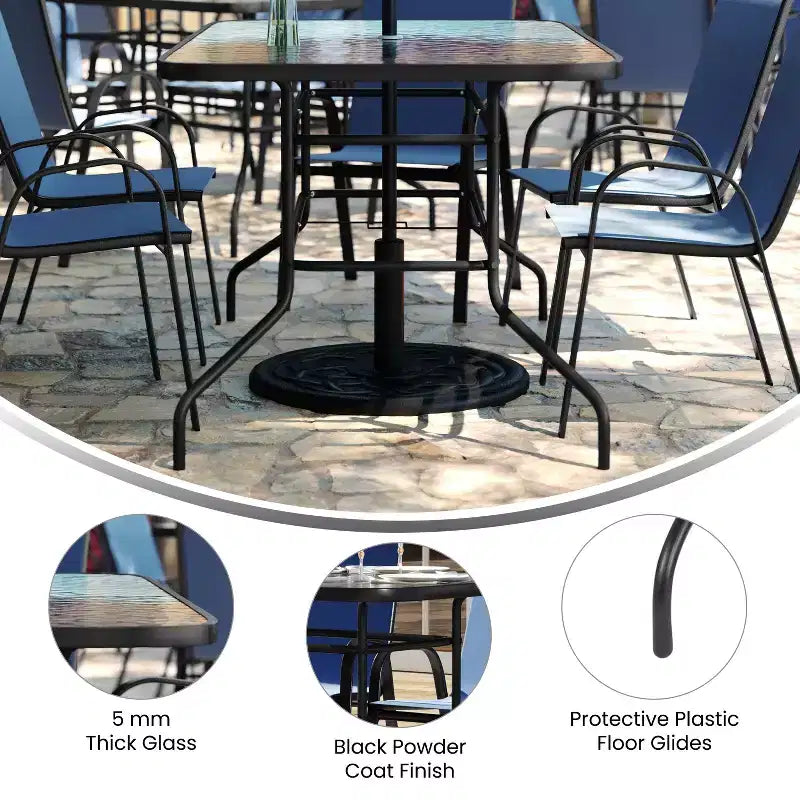Emma and Oliver Seven Piece Patio Table Set with Metal Table with Tempered Glass Top and 6 Flex Comfort Stacking Chairs