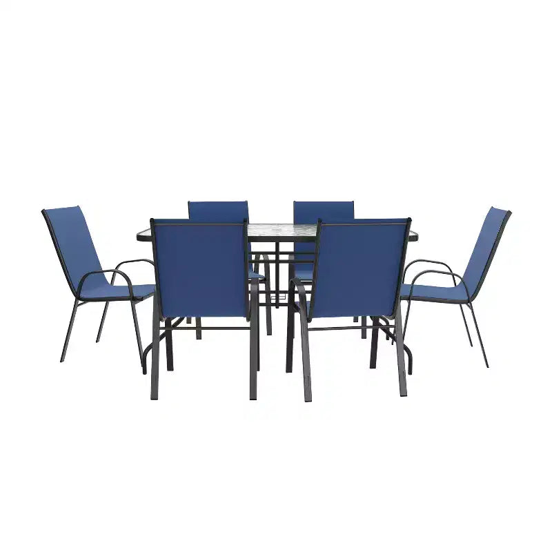 Emma and Oliver Seven Piece Patio Table Set with Metal Table with Tempered Glass Top and 6 Flex Comfort Stacking Chairs