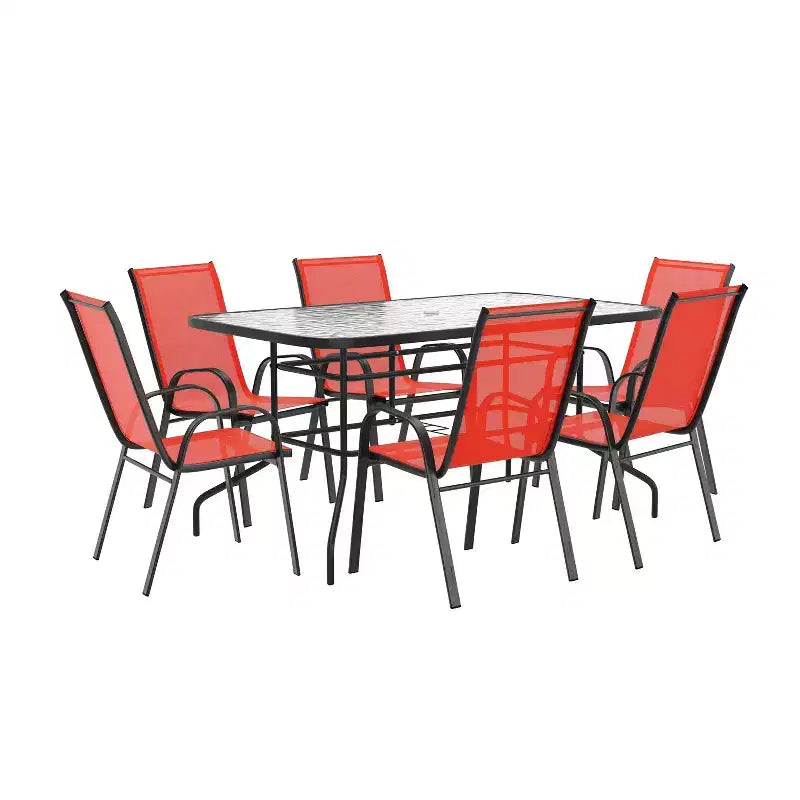 Emma and Oliver Seven Piece Patio Table Set with Metal Table with Tempered Glass Top and 6 Flex Comfort Stacking Chairs