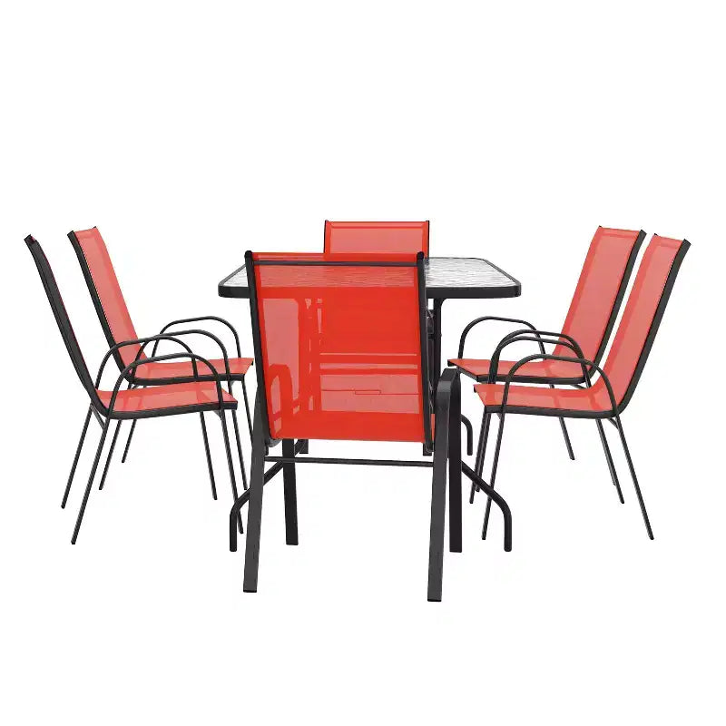 Emma and Oliver Seven Piece Patio Table Set with Metal Table with Tempered Glass Top and 6 Flex Comfort Stacking Chairs