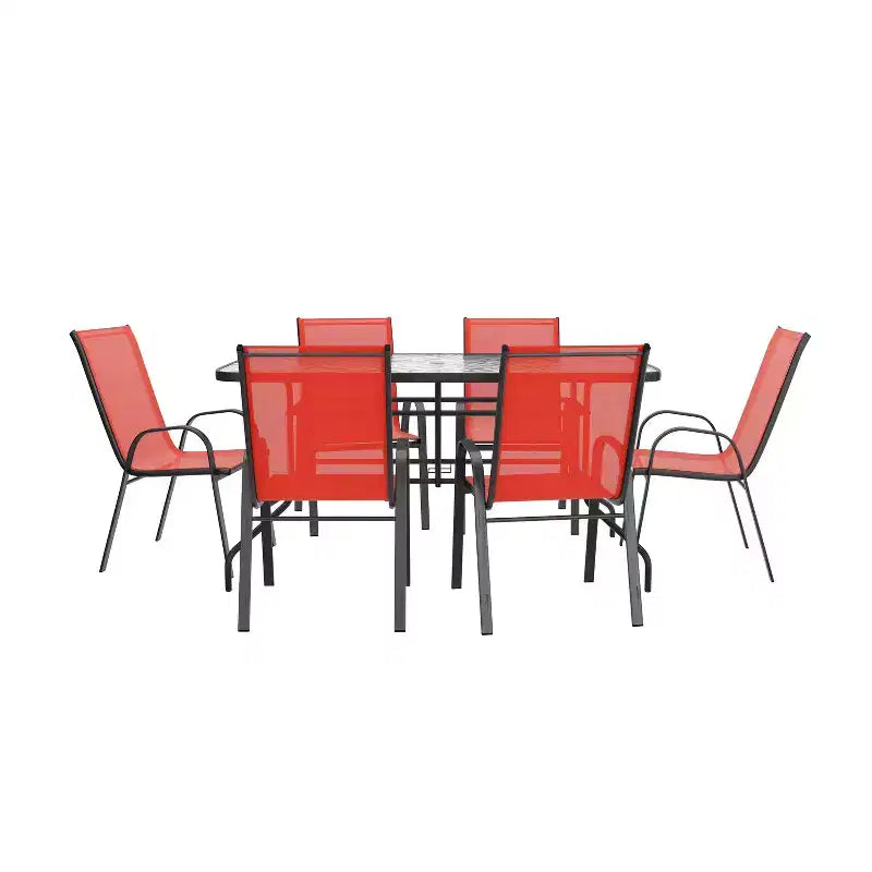 Emma and Oliver Seven Piece Patio Table Set with Metal Table with Tempered Glass Top and 6 Flex Comfort Stacking Chairs