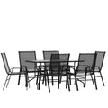 Emma and Oliver Seven Piece Patio Table Set with Metal Table with Tempered Glass Top and 6 Flex Comfort Stacking Chairs