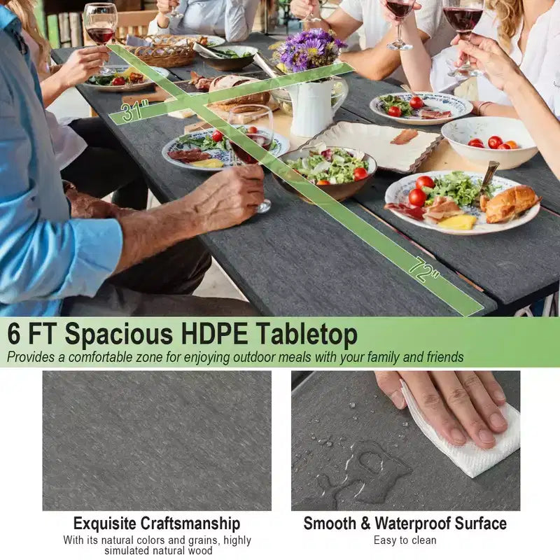 Costway 6FT Picnic Table Bench Set Outdoor HDPE Heavy-Duty Table for 6-8 Person Brown/Grey