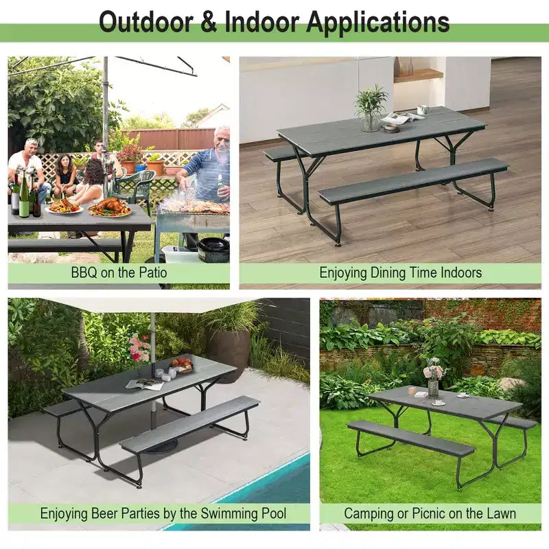 Costway 6FT Picnic Table Bench Set Outdoor HDPE Heavy-Duty Table for 6-8 Person Brown/Grey