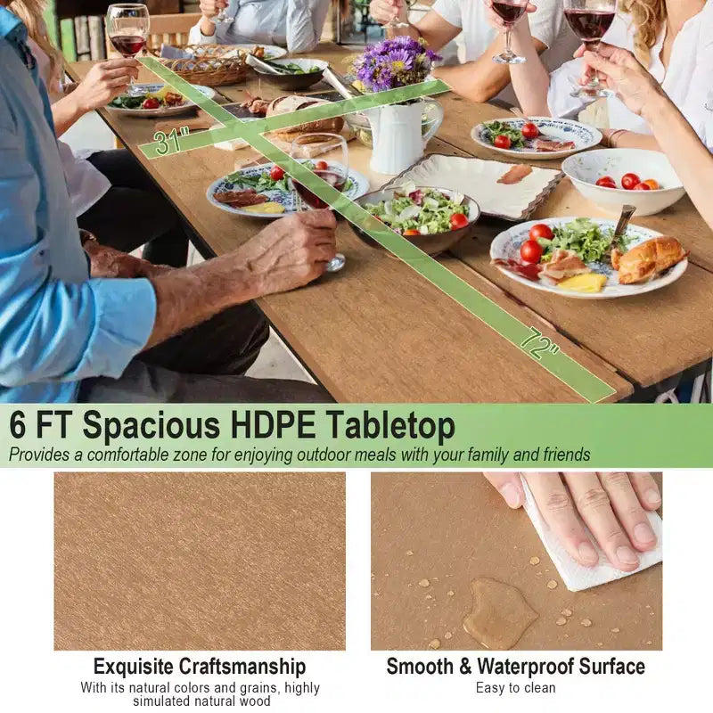 Costway 6FT Picnic Table Bench Set Outdoor HDPE Heavy-Duty Table for 6-8 Person Brown/Grey
