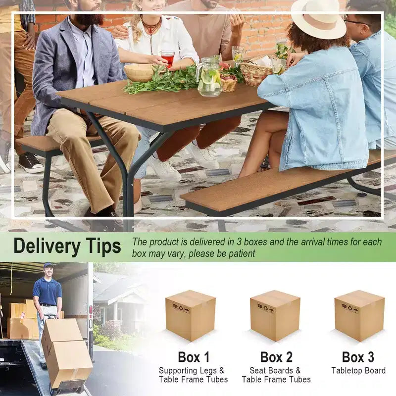 Costway 6FT Picnic Table Bench Set Outdoor HDPE Heavy-Duty Table for 6-8 Person Brown/Grey
